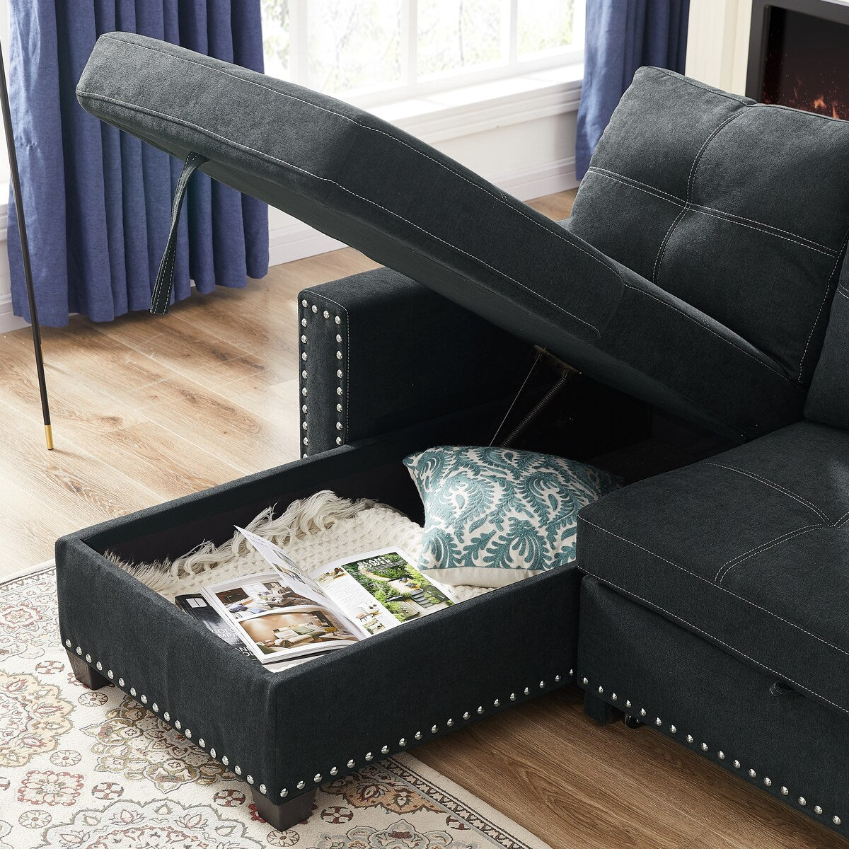 82" Reversible Sectional Couch Sleeper Pull out Sofa Bed with Chaise