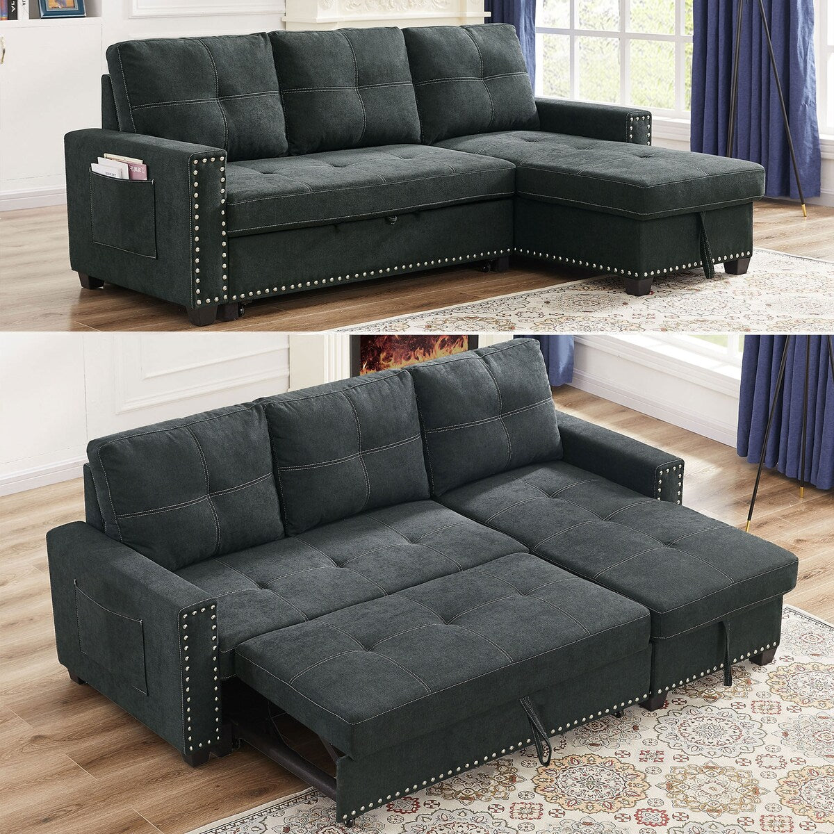 82" Reversible Sectional Couch Sleeper Pull out Sofa Bed with Chaise