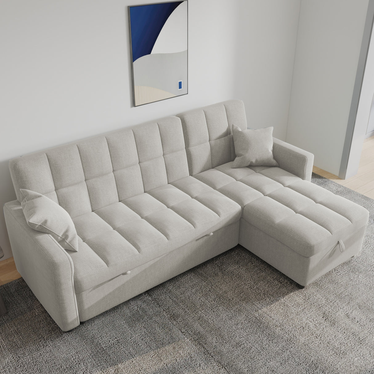 82'' Wide Sectional Couch Pull-Out Sofa Bed with Storage Chaise