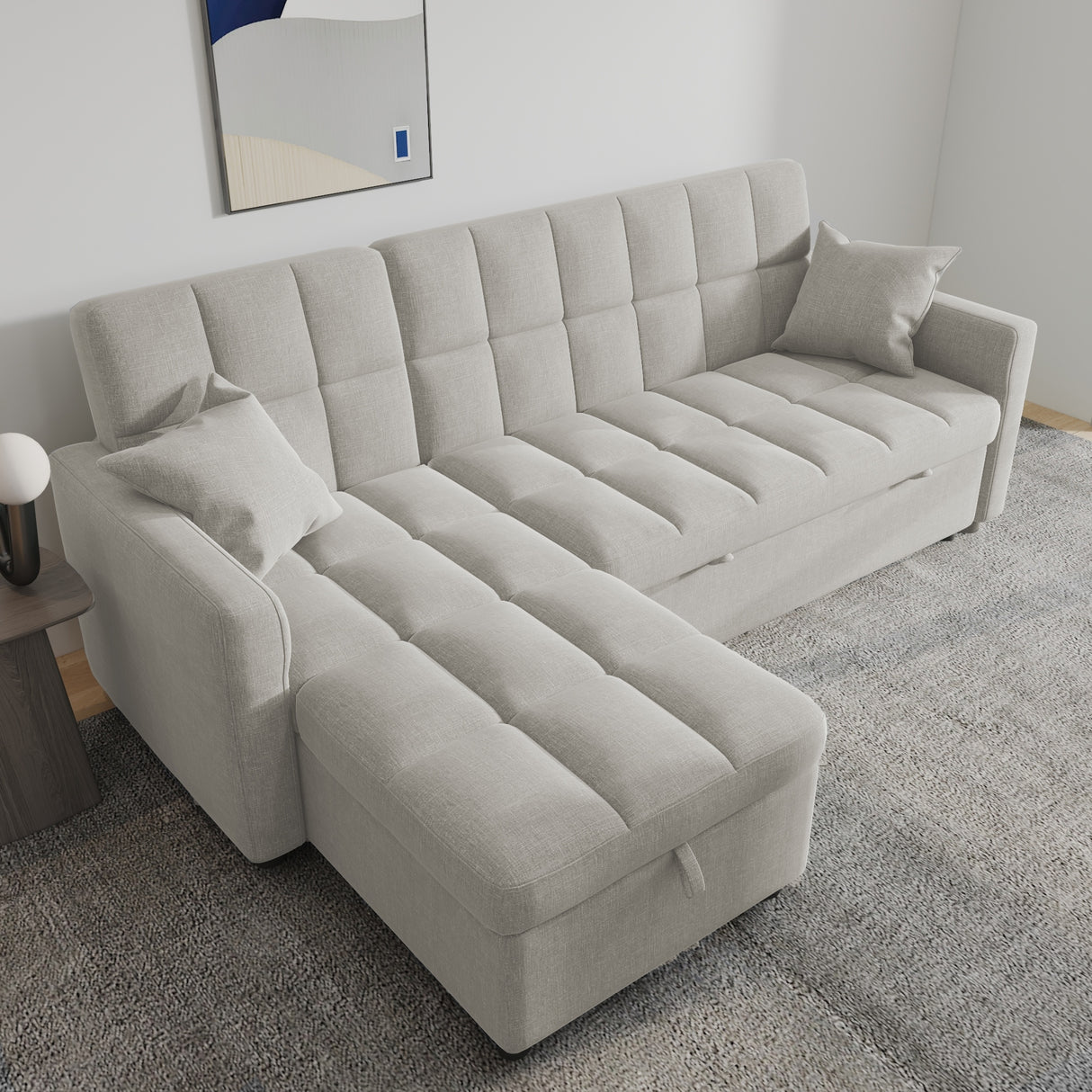 82'' Wide Sectional Couch Pull-Out Sofa Bed with Storage Chaise
