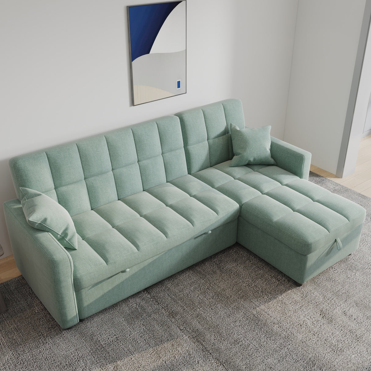 82'' Wide Sectional Couch Pull-Out Sofa Bed with Storage Chaise