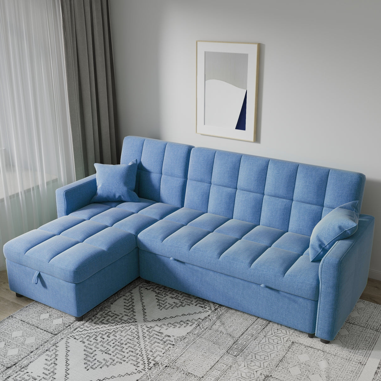 82'' Wide Sectional Couch Pull-Out Sofa Bed with Storage Chaise