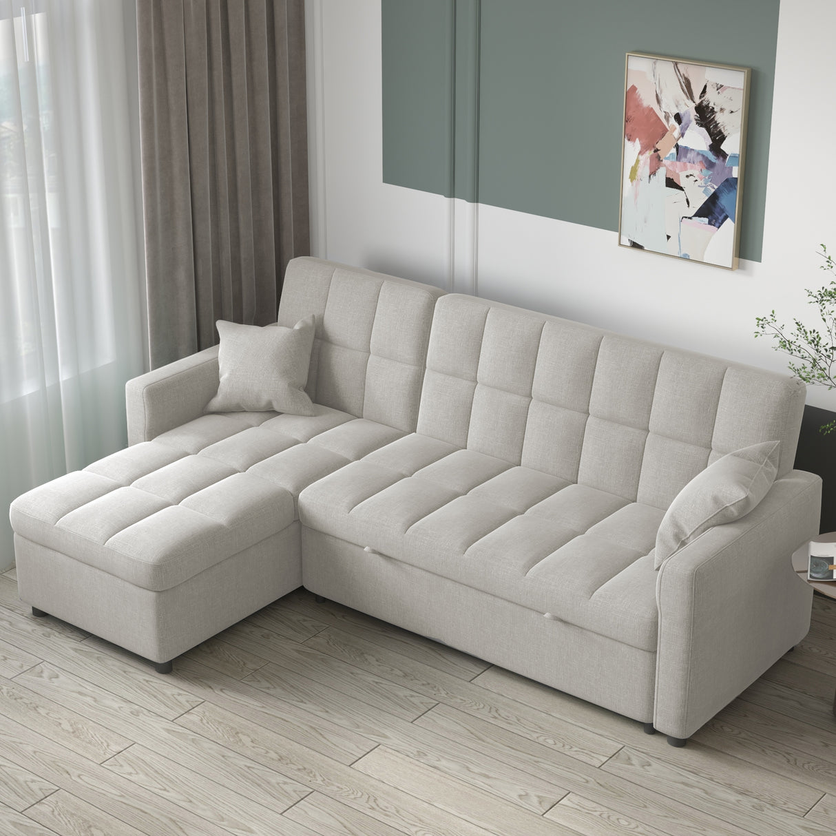 82'' Wide Sectional Couch Pull-Out Sofa Bed with Storage Chaise