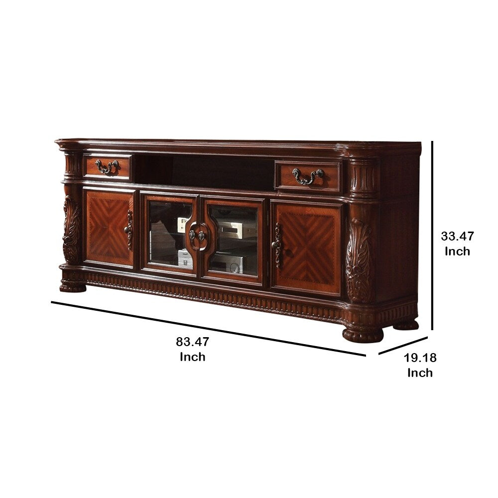 83 Inch 4 Door Wooden TV Console with Bun Feet, Brown