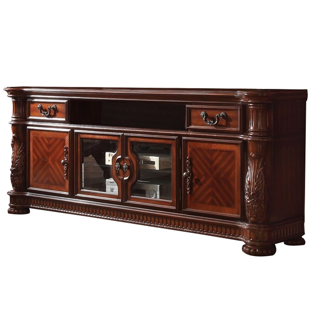 83 Inch 4 Door Wooden TV Console with Bun Feet, Brown