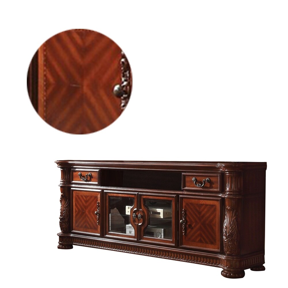 83 Inch 4 Door Wooden TV Console with Bun Feet, Brown