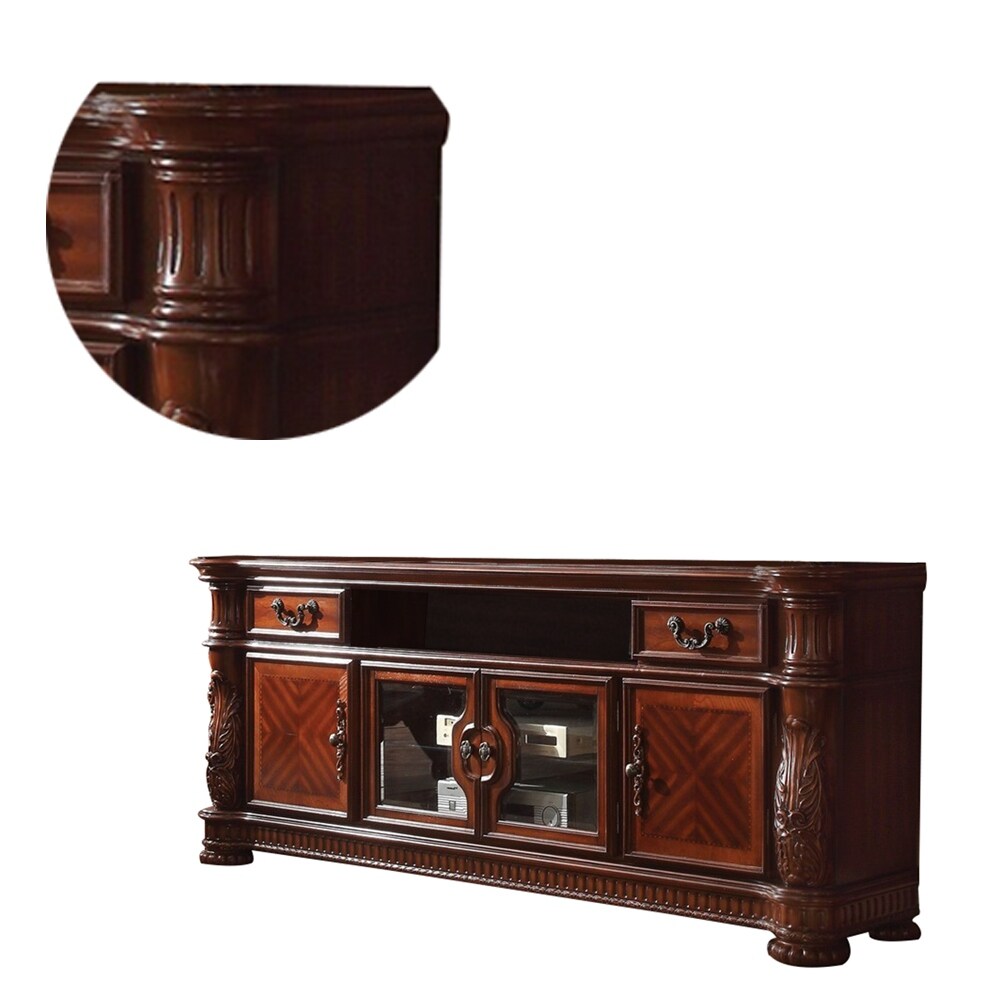 83 Inch 4 Door Wooden TV Console with Bun Feet, Brown