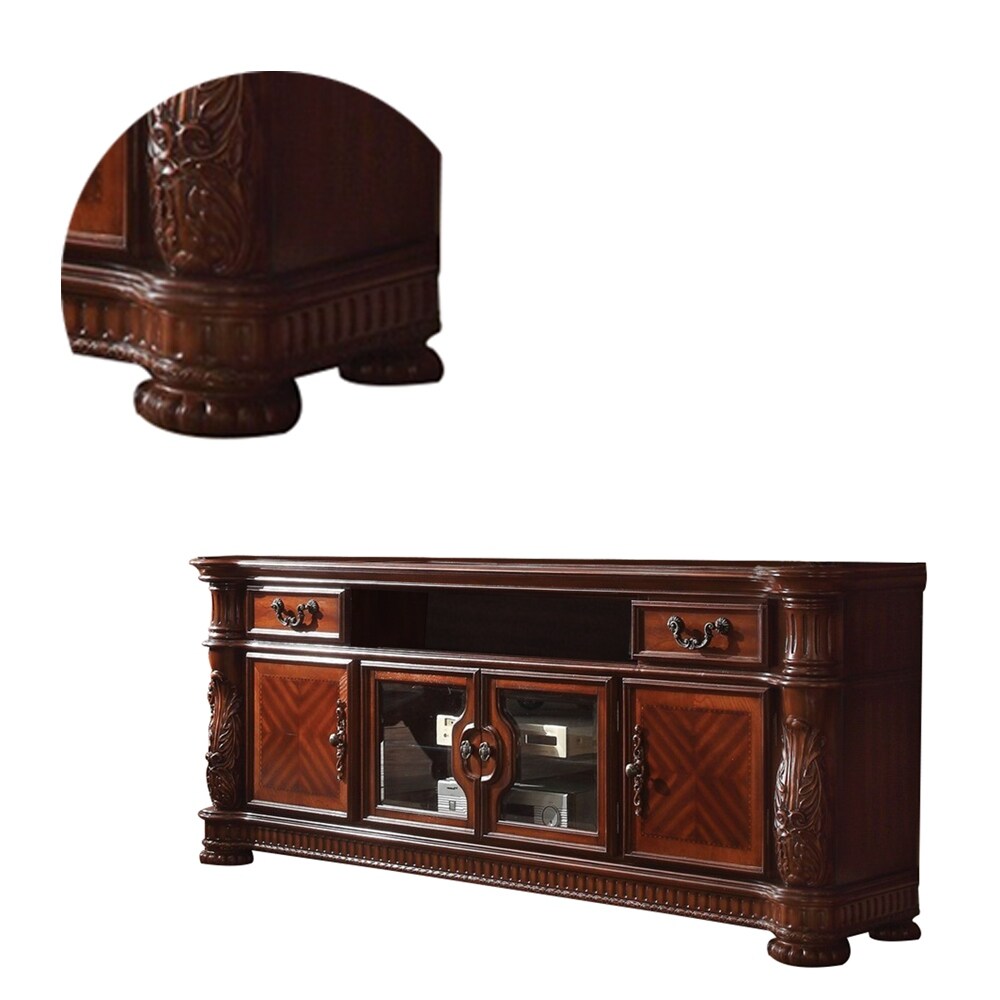 83 Inch 4 Door Wooden TV Console with Bun Feet, Brown