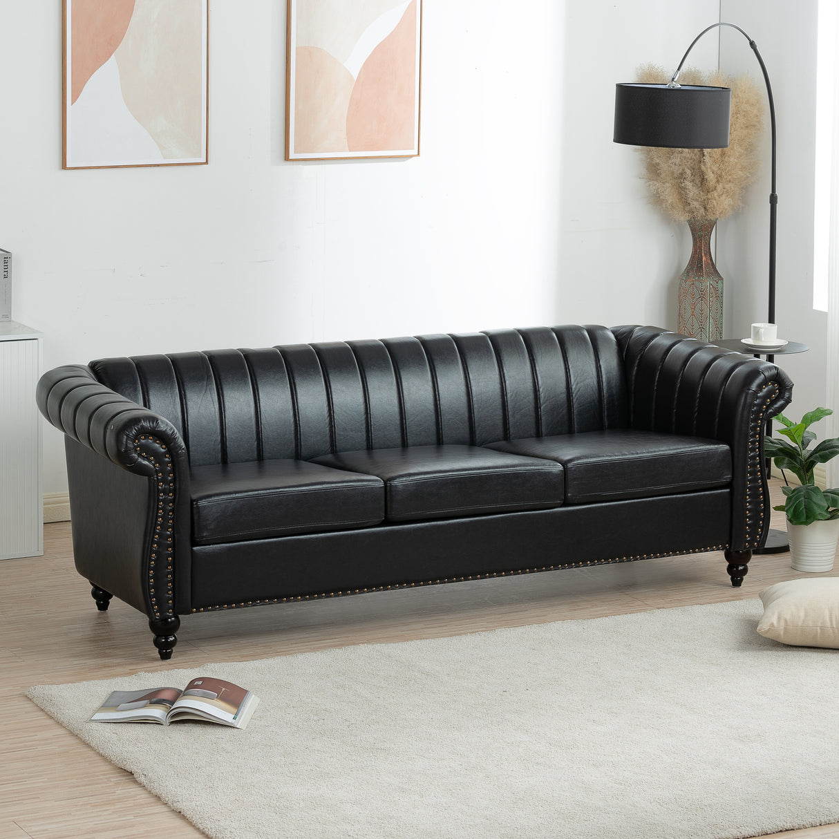 Faux Leather Upholstered Rolled Arm Chesterfield Sofa - 31.50 x 83.46 x 27.56