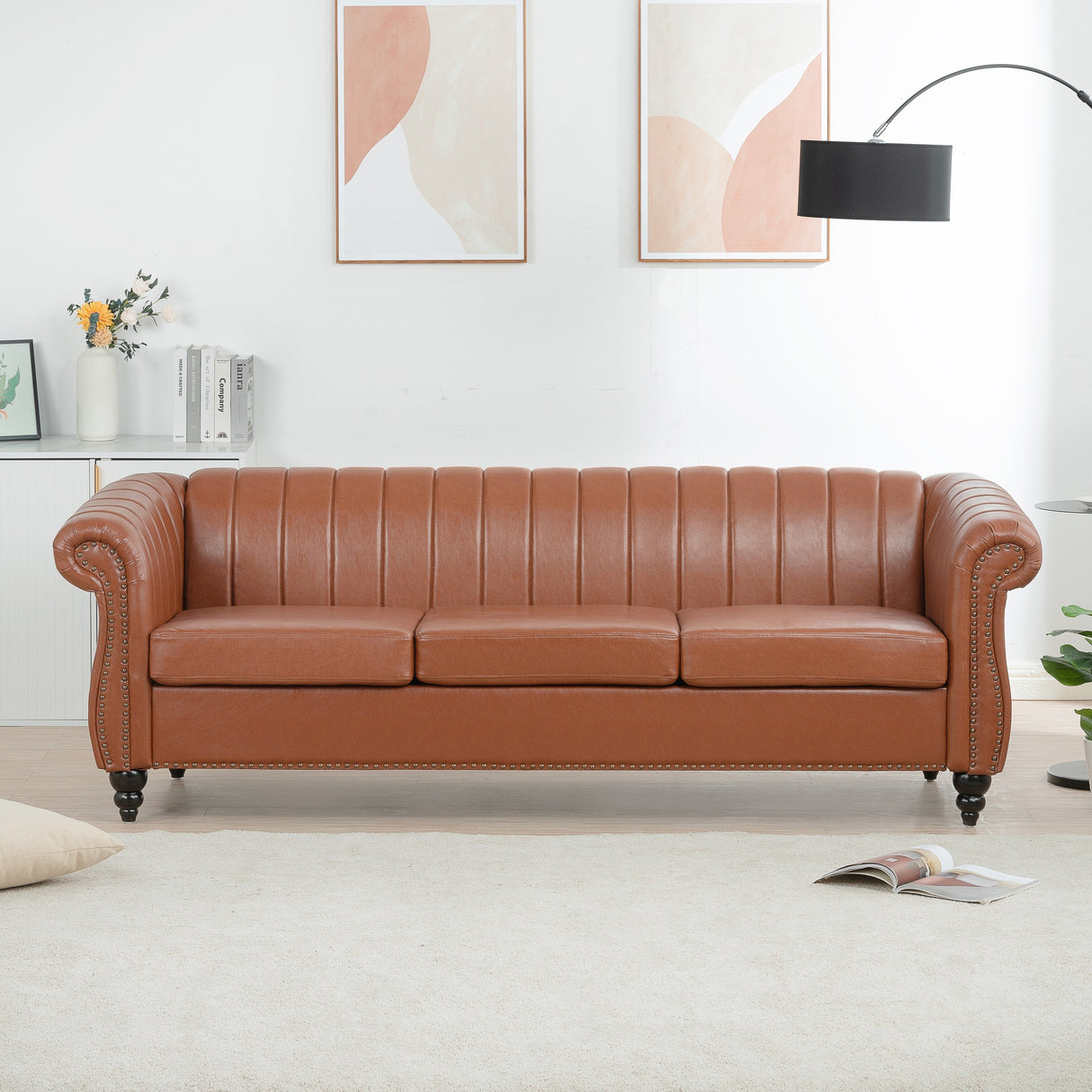 Faux Leather Upholstered Rolled Arm Chesterfield Sofa - 31.50 x 83.46 x 27.56