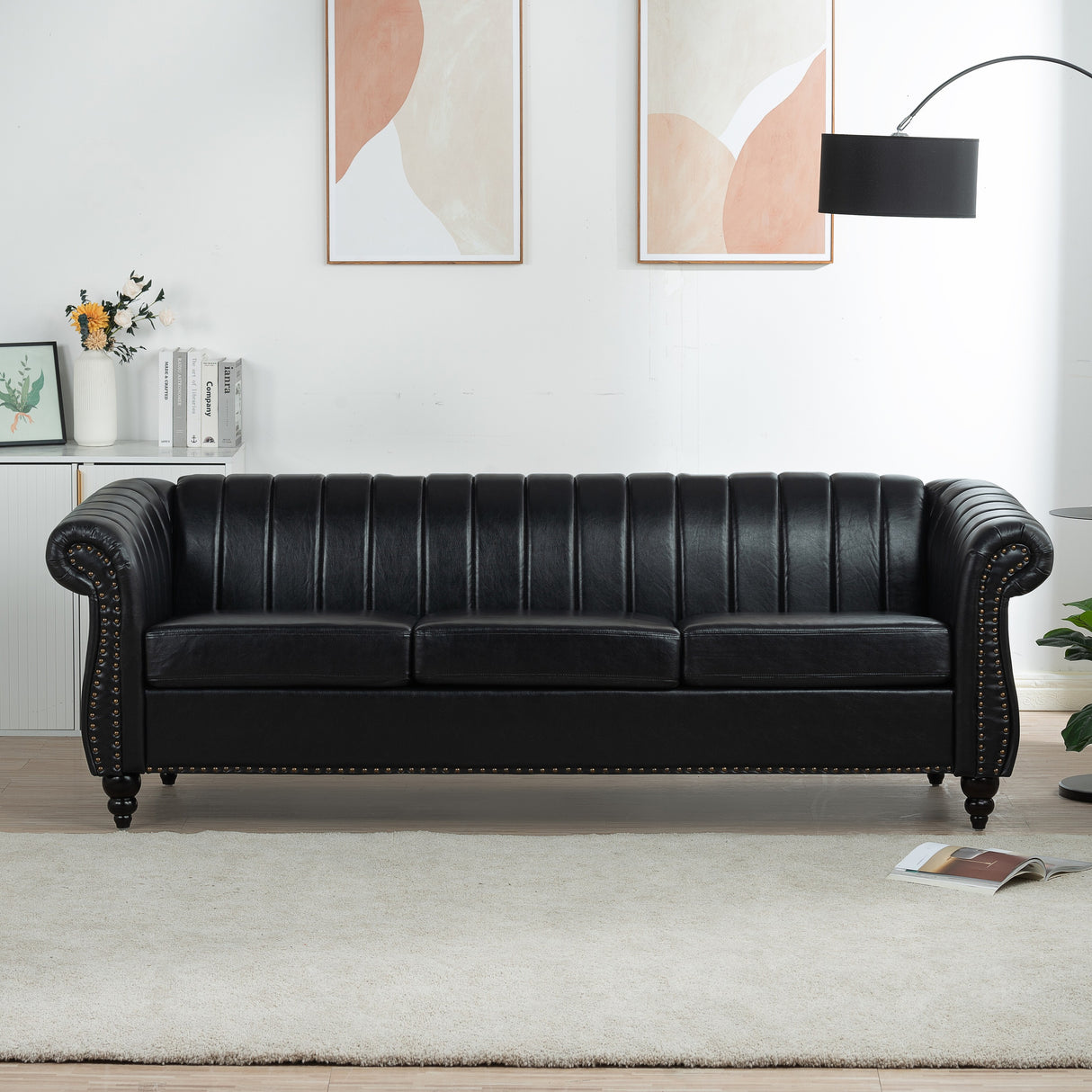 Faux Leather Upholstered Rolled Arm Chesterfield Sofa - 31.50 x 83.46 x 27.56
