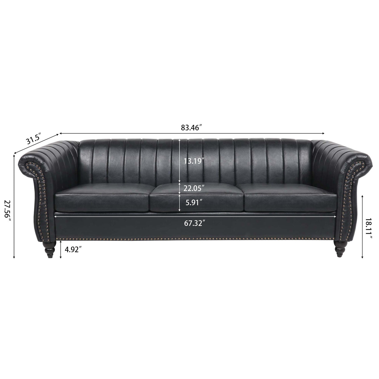 Faux Leather Upholstered Rolled Arm Chesterfield Sofa - 31.50 x 83.46 x 27.56