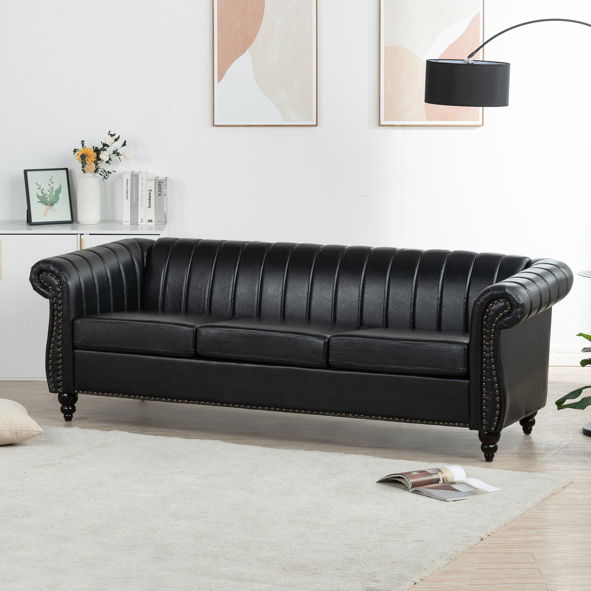 Faux Leather Upholstered Rolled Arm Chesterfield Sofa - 31.50 x 83.46 x 27.56