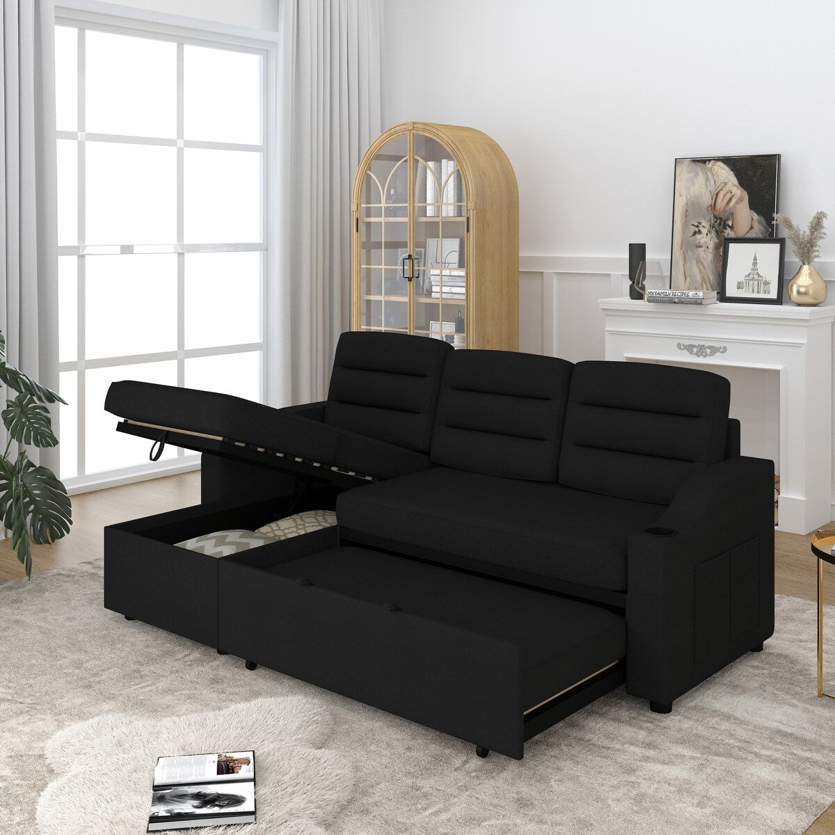 83.5" Upholstered L-Shaped Sectional Sofa, Convertible Sleeper Bed Couch