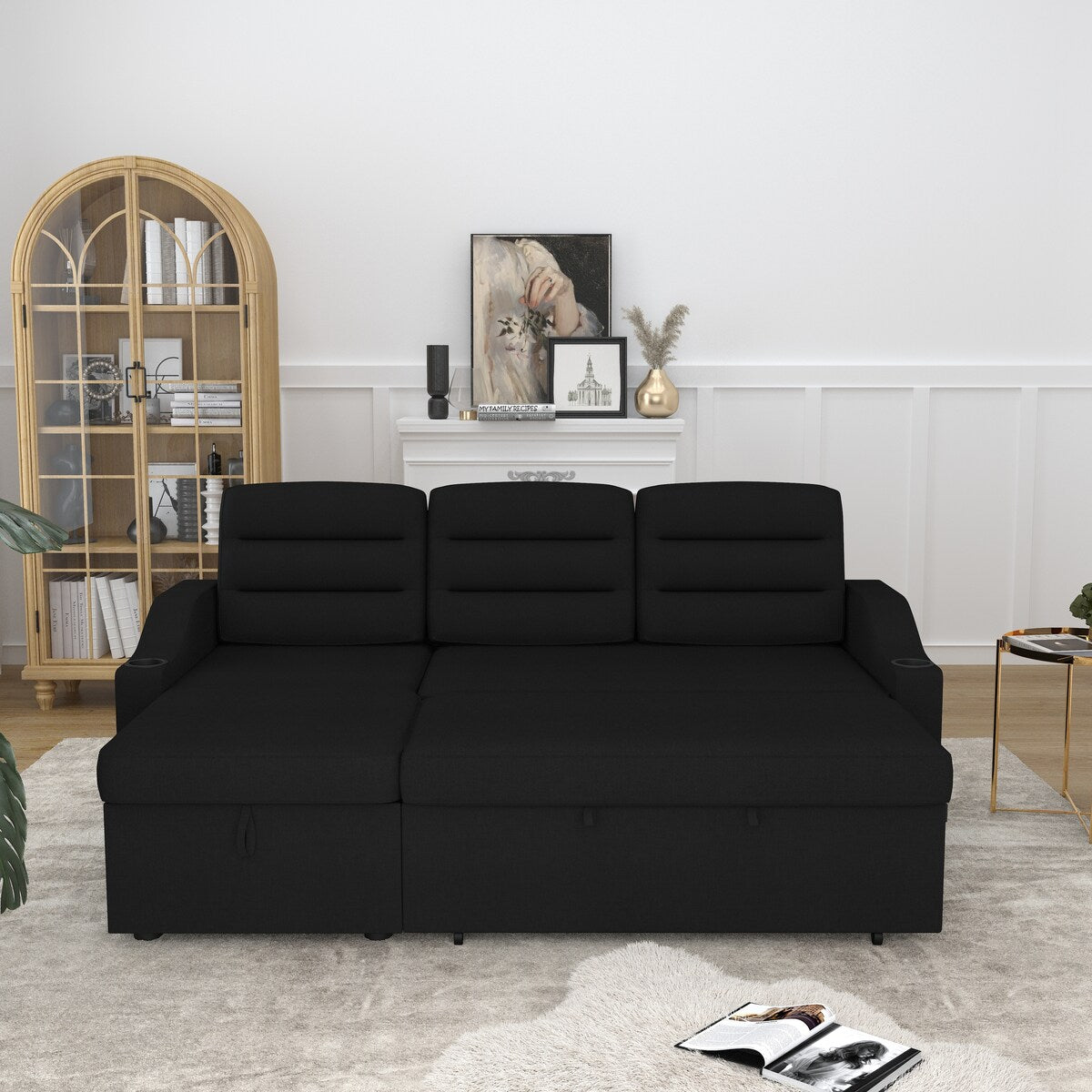 83.5" Upholstered L-Shaped Sectional Sofa, Convertible Sleeper Bed Couch