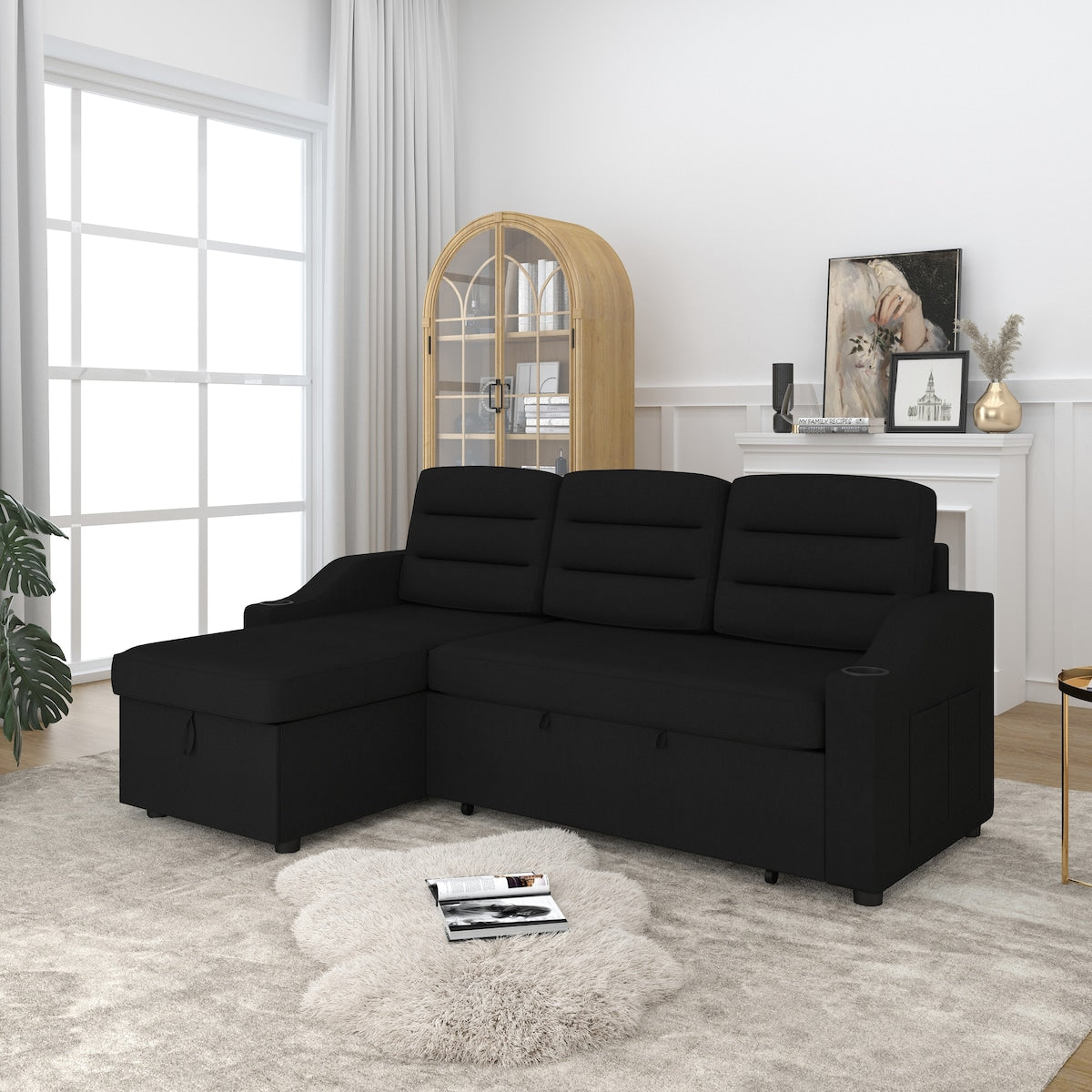 83.5" Upholstered L-Shaped Sectional Sofa, Convertible Sleeper Bed Couch