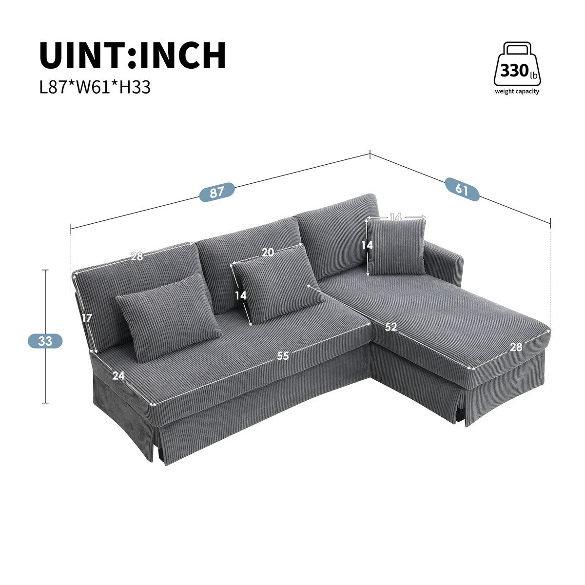 83.5" Upholstered L-Shaped Sectional Sofa, Convertible Sleeper Bed Couch
