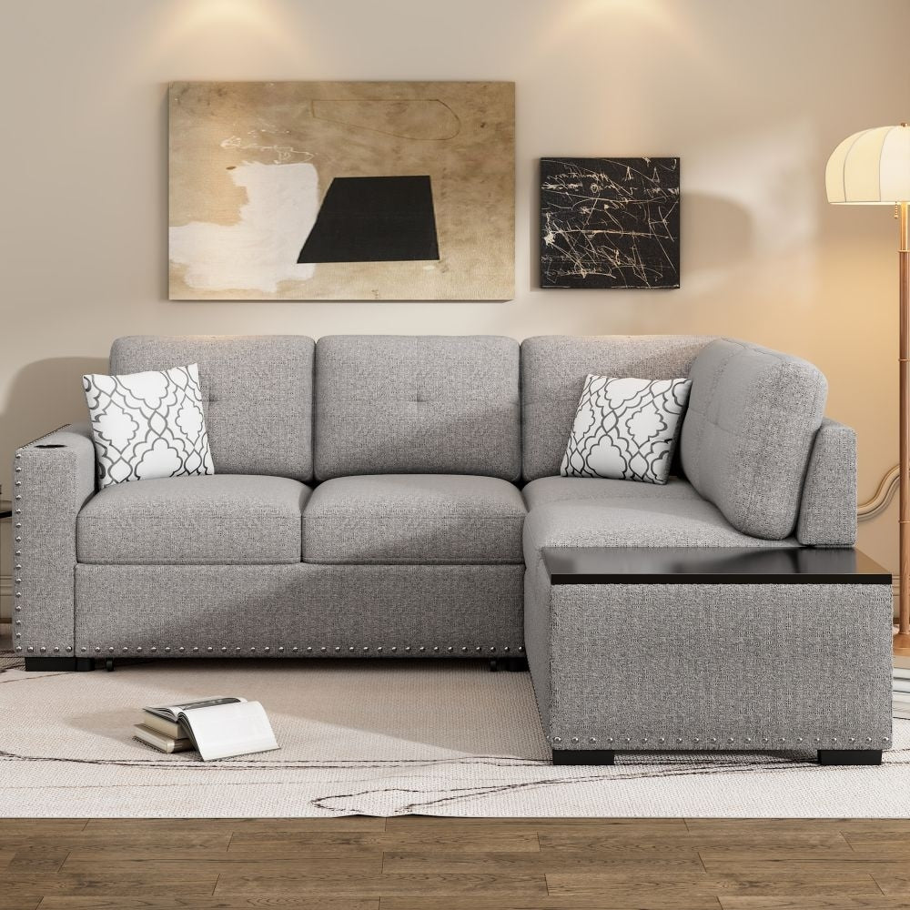 83.8" Sectional Pull-Out Sofa Bed L-Shaped Corner Sofa Couch with Stor