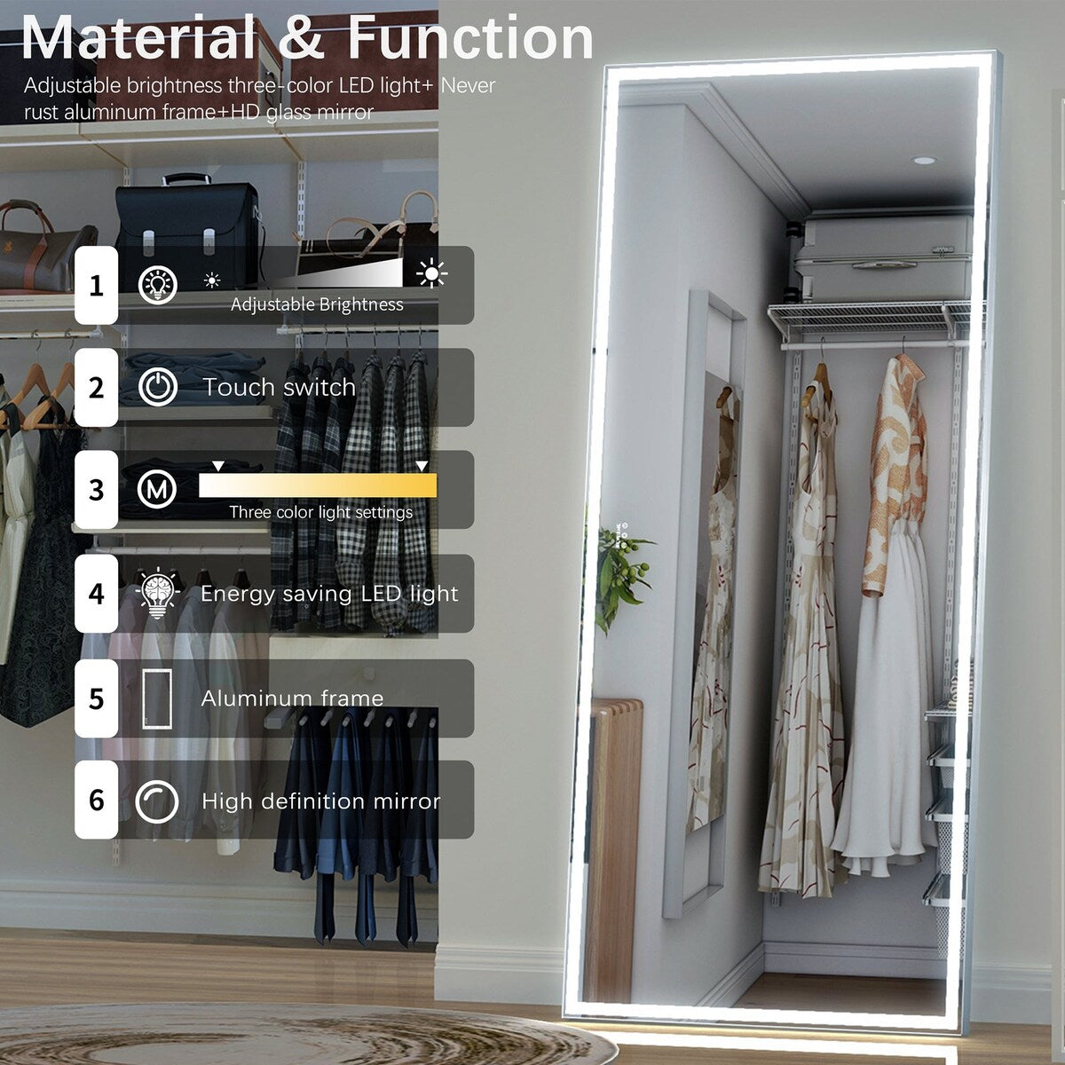 84 inches Rectangular Framed Dimmable Wall Mounted LED Bathroom Mirror in Silver