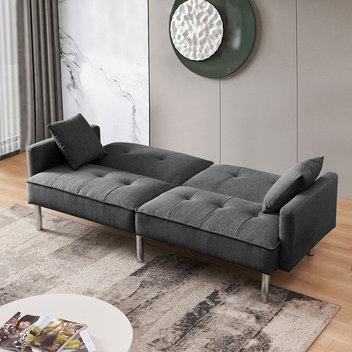 84.6 Inches Extra Long Futon Adjustable Sofa Bed, Modern Tufted Fabric Folding Daybed Guest Bed