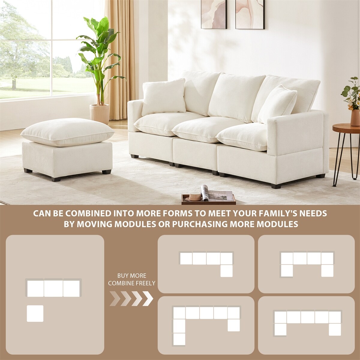 84*57" Modular Sofa, 4 Seat Chenille Sectional Couch Set w/ 2 Pillows