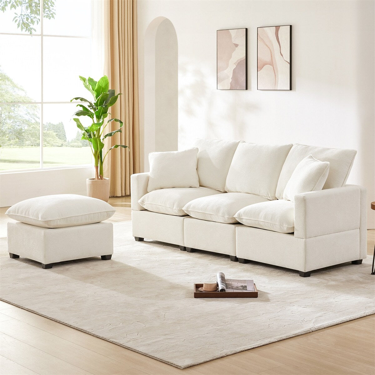 84*57" Modular Sofa, 4 Seat Chenille Sectional Couch Set w/ 2 Pillows