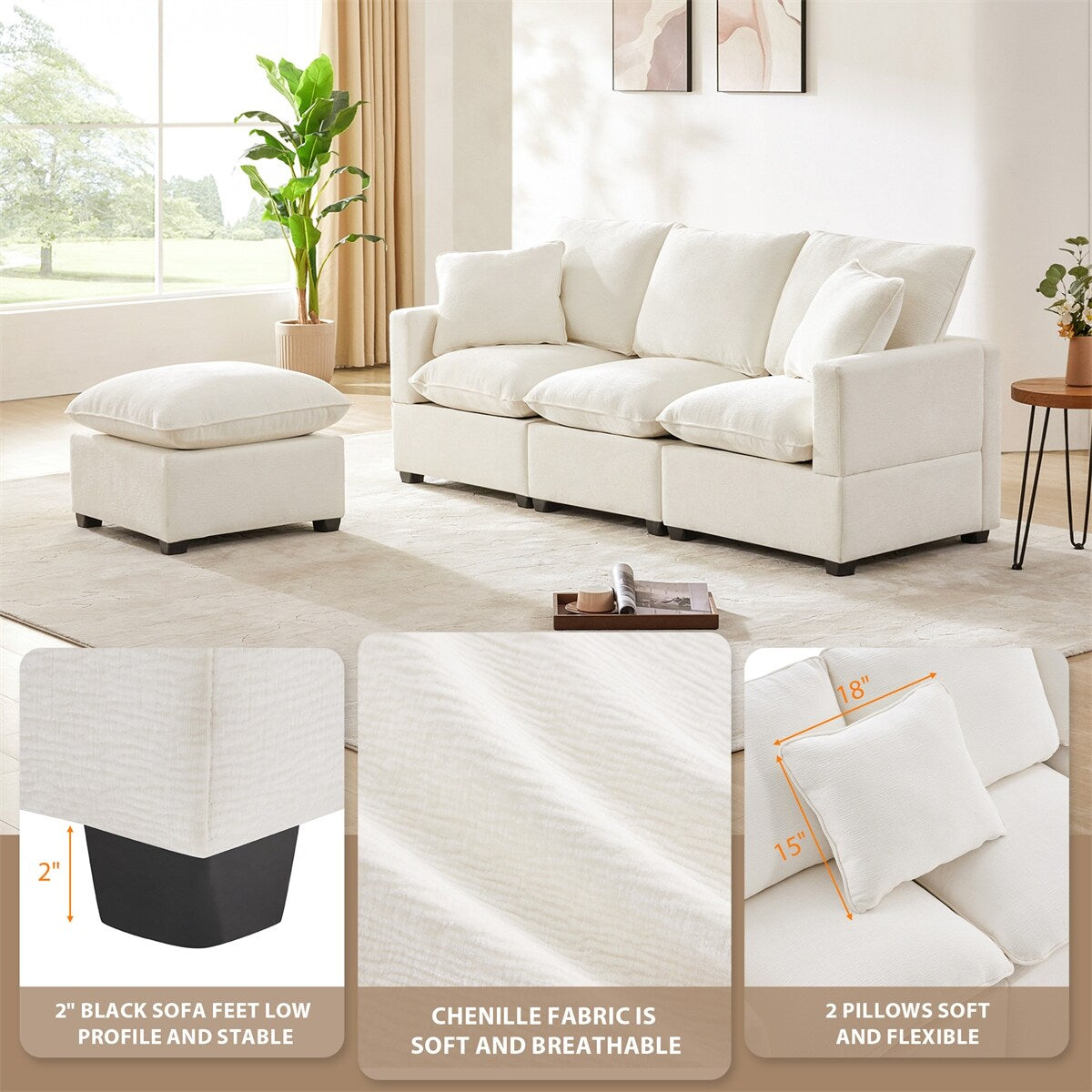 84*57" Modular Sofa, 4 Seat Chenille Sectional Couch Set w/ 2 Pillows