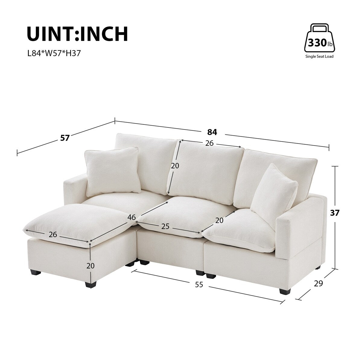 84*57" Modular Sofa, 4 Seat Chenille Sectional Couch Set w/ 2 Pillows