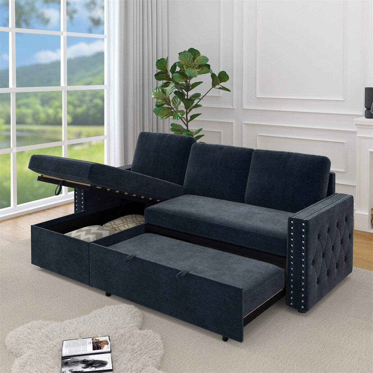 85 Inches Sofa Bed, 3 Seater Sleeper Sofa with Storage Chaise