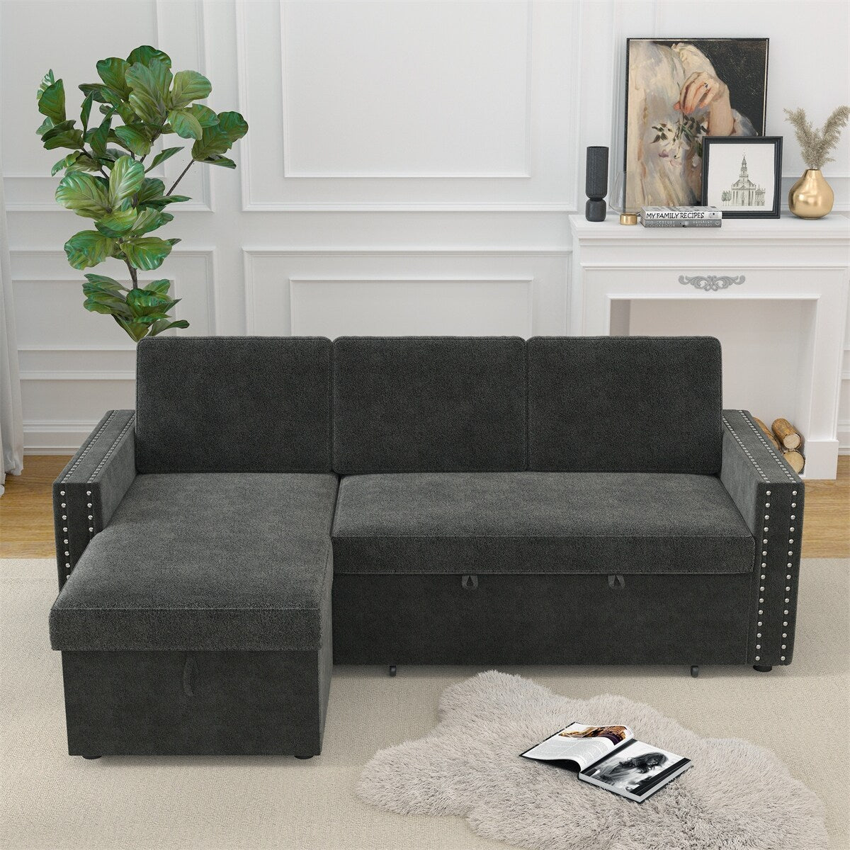 85 Inches Sofa Bed, 3 Seater Sleeper Sofa with Storage Chaise