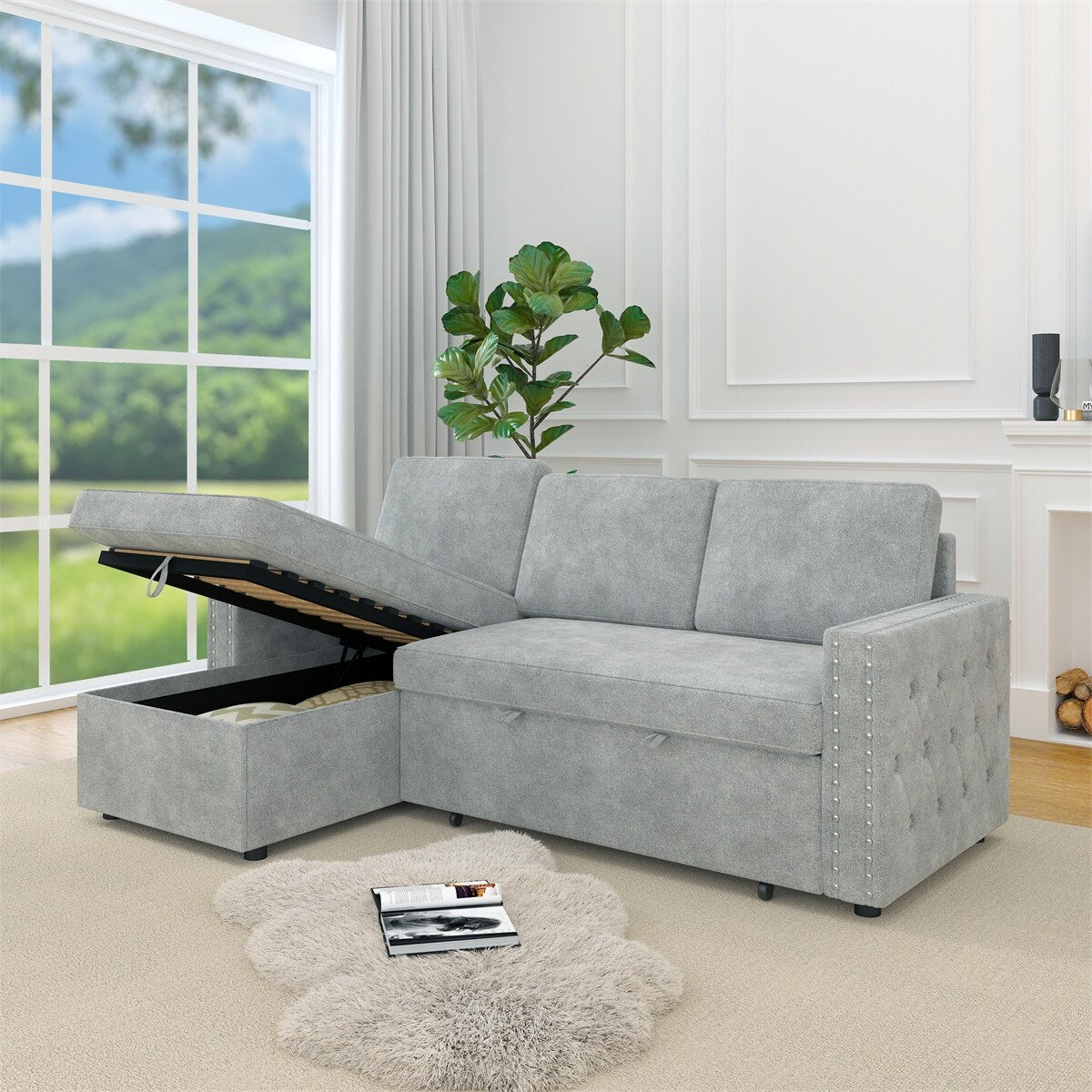 85 Inches Sofa Bed, 3 Seater Sleeper Sofa with Storage Chaise