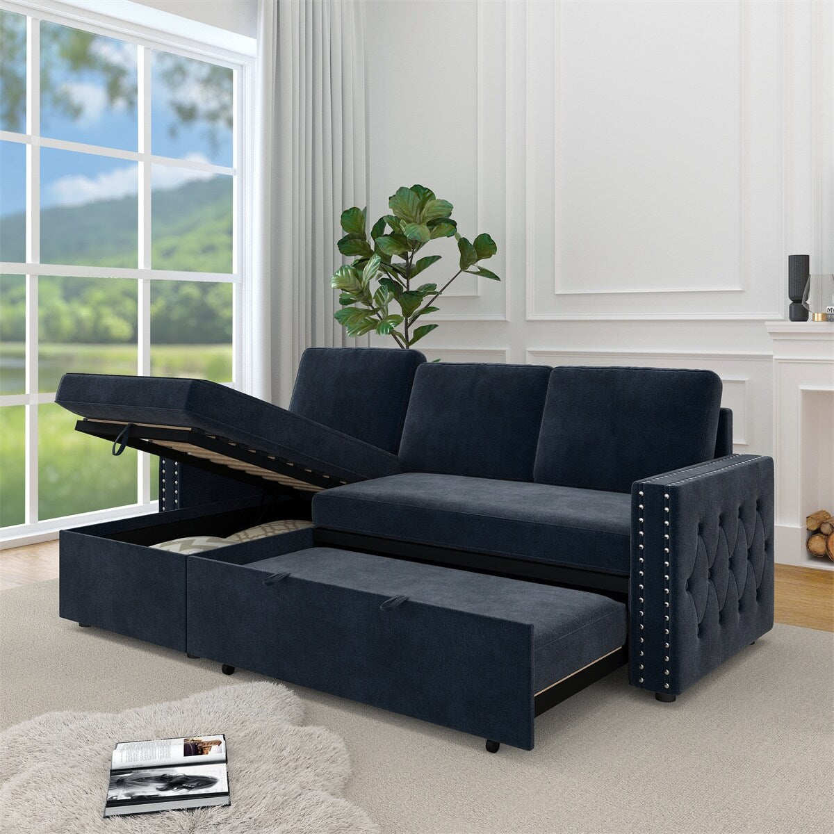 85 Inches Sofa Bed, 3 Seater Sleeper Sofa with Storage Chaise