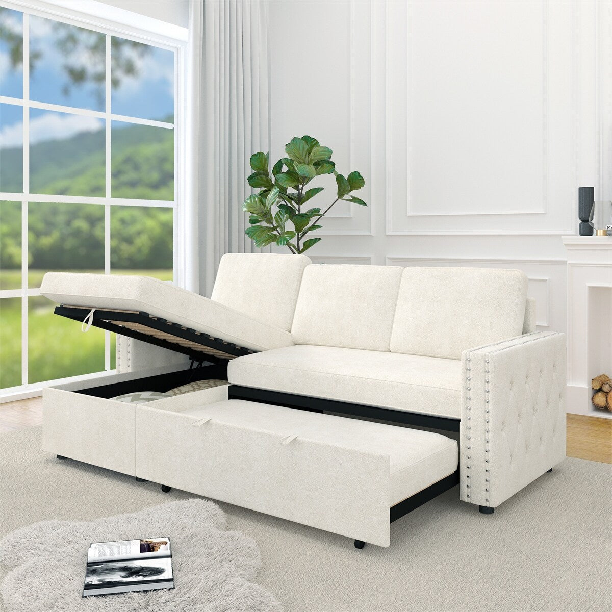 85 Inches Sofa Bed, 3 Seater Sleeper Sofa with Storage Chaise