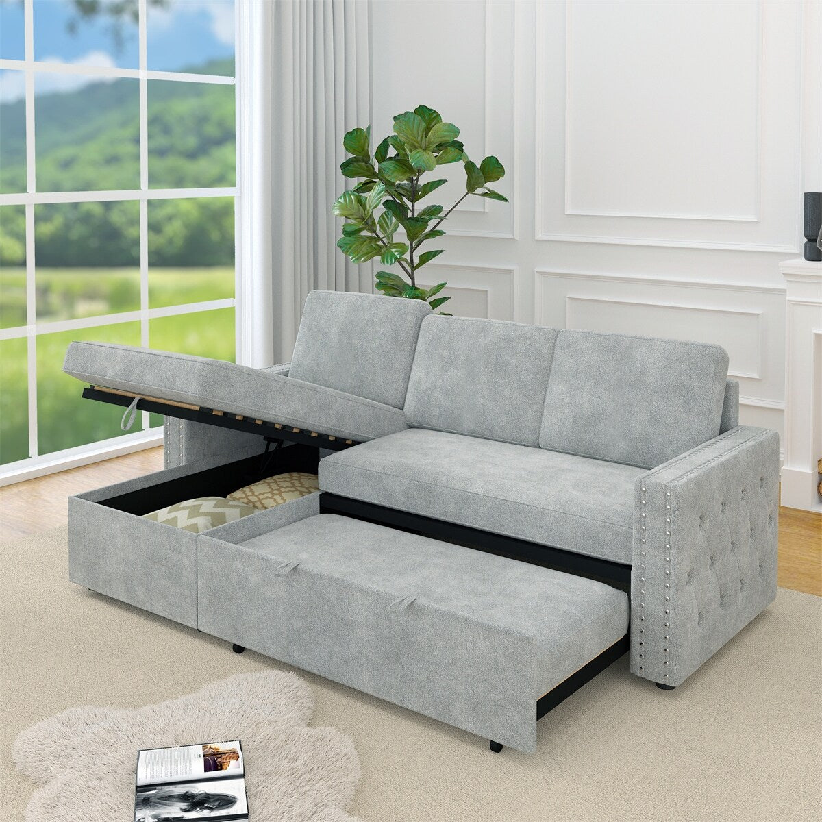 85 Inches Sofa Bed, 3 Seater Sleeper Sofa with Storage Chaise