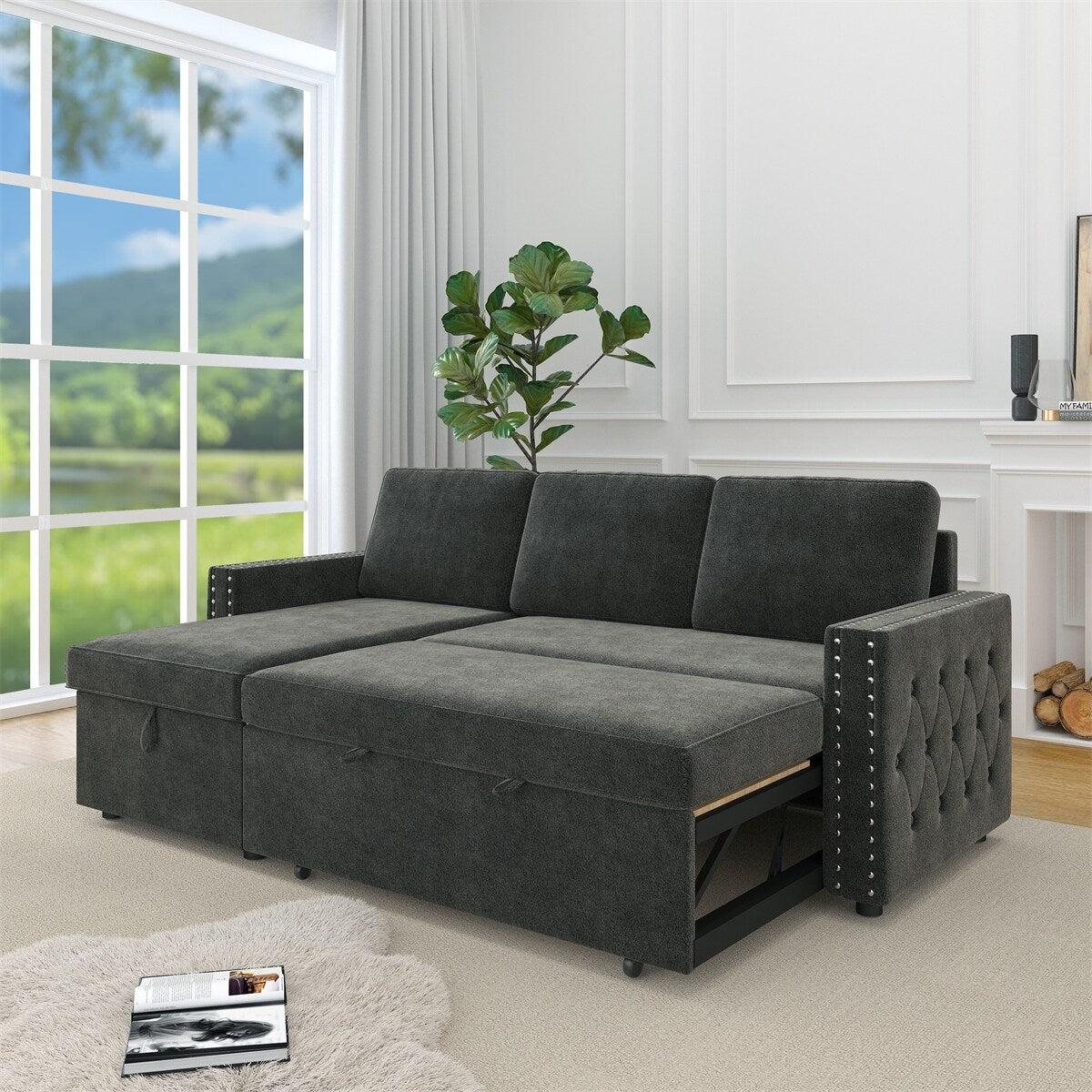 85 Inches Sofa Bed, 3 Seater Sleeper Sofa with Storage Chaise