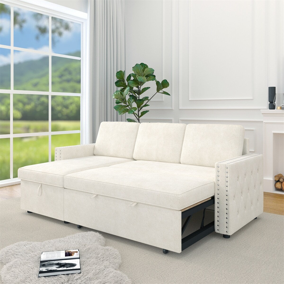 85 Inches Sofa Bed, 3 Seater Sleeper Sofa with Storage Chaise