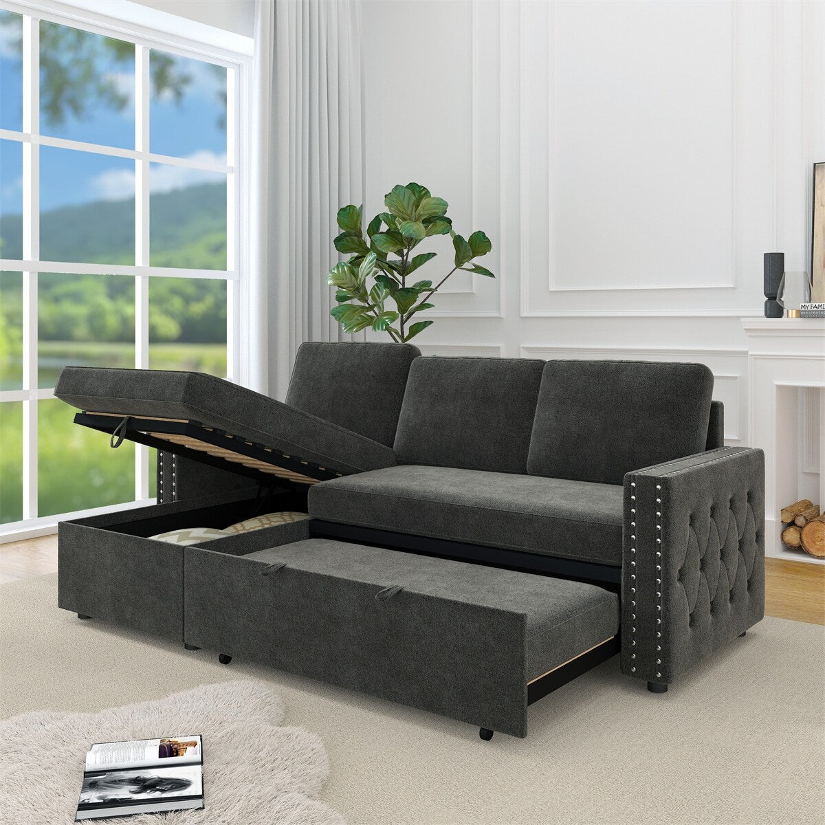 85 Inches Sofa Bed, 3 Seater Sleeper Sofa with Storage Chaise