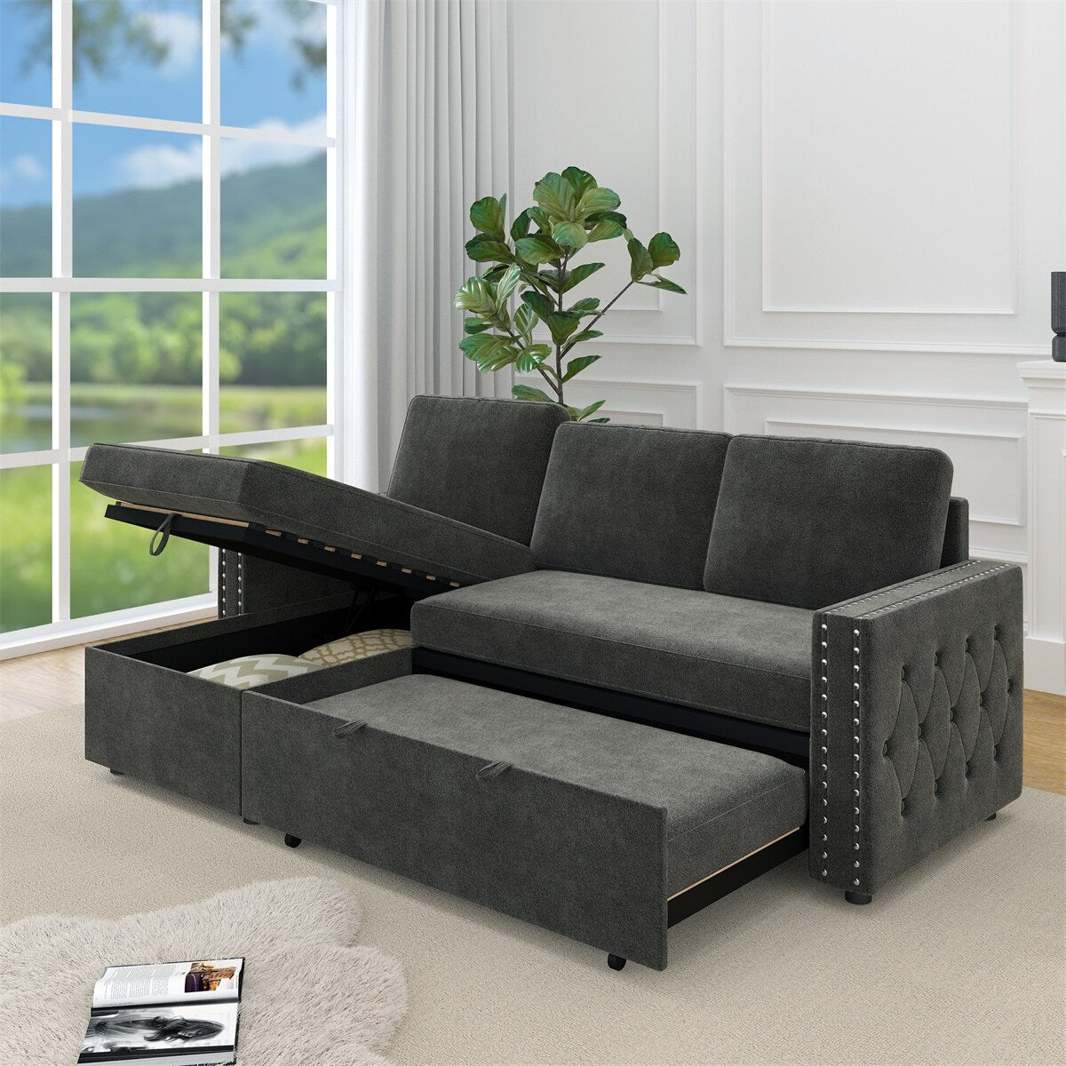 85 Inches Sofa Bed, 3 Seater Sleeper Sofa with Storage Chaise