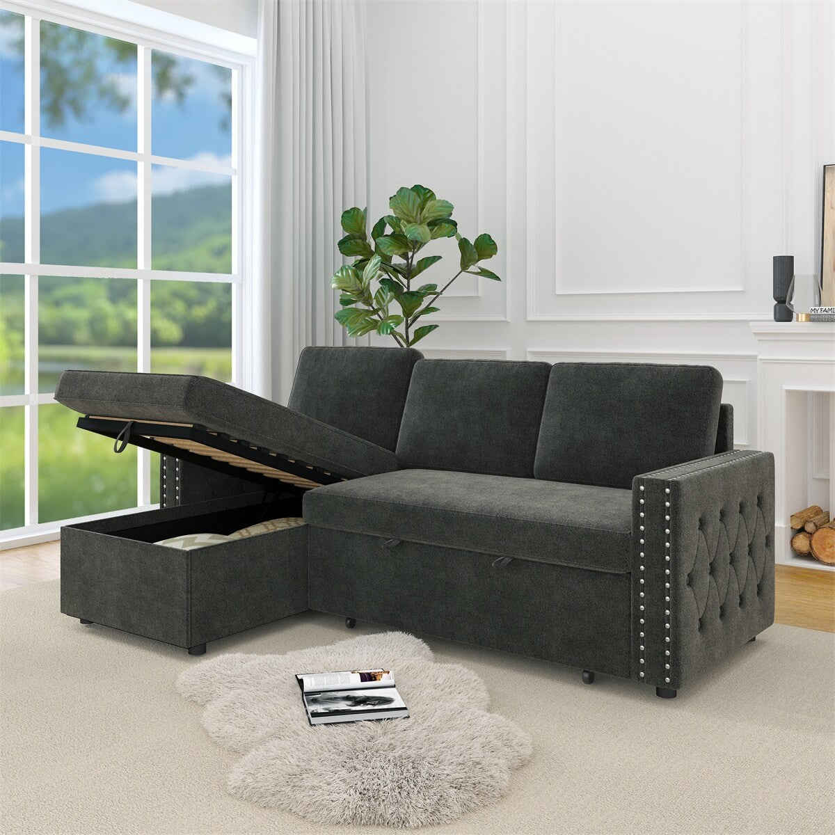85 Inches Sofa Bed, 3 Seater Sleeper Sofa with Storage Chaise