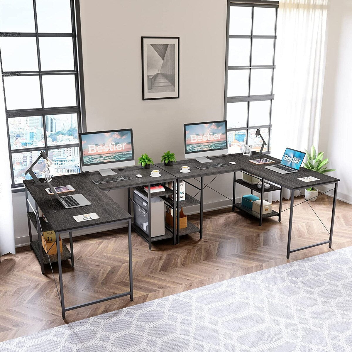 86.6 inch Reversible L Shaped Desk with Shelves Charcoal