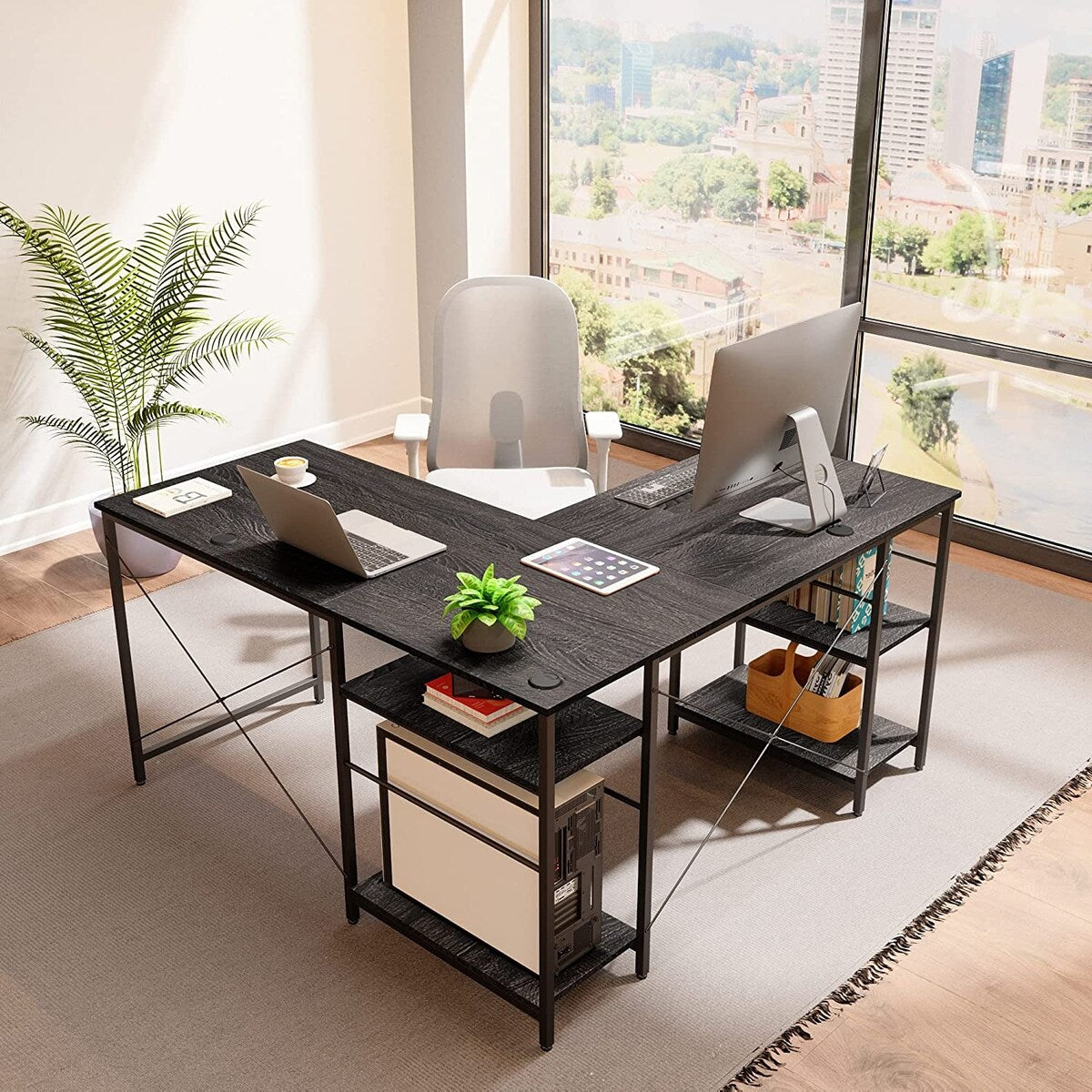 86.6 inch Reversible L Shaped Desk with Shelves Charcoal