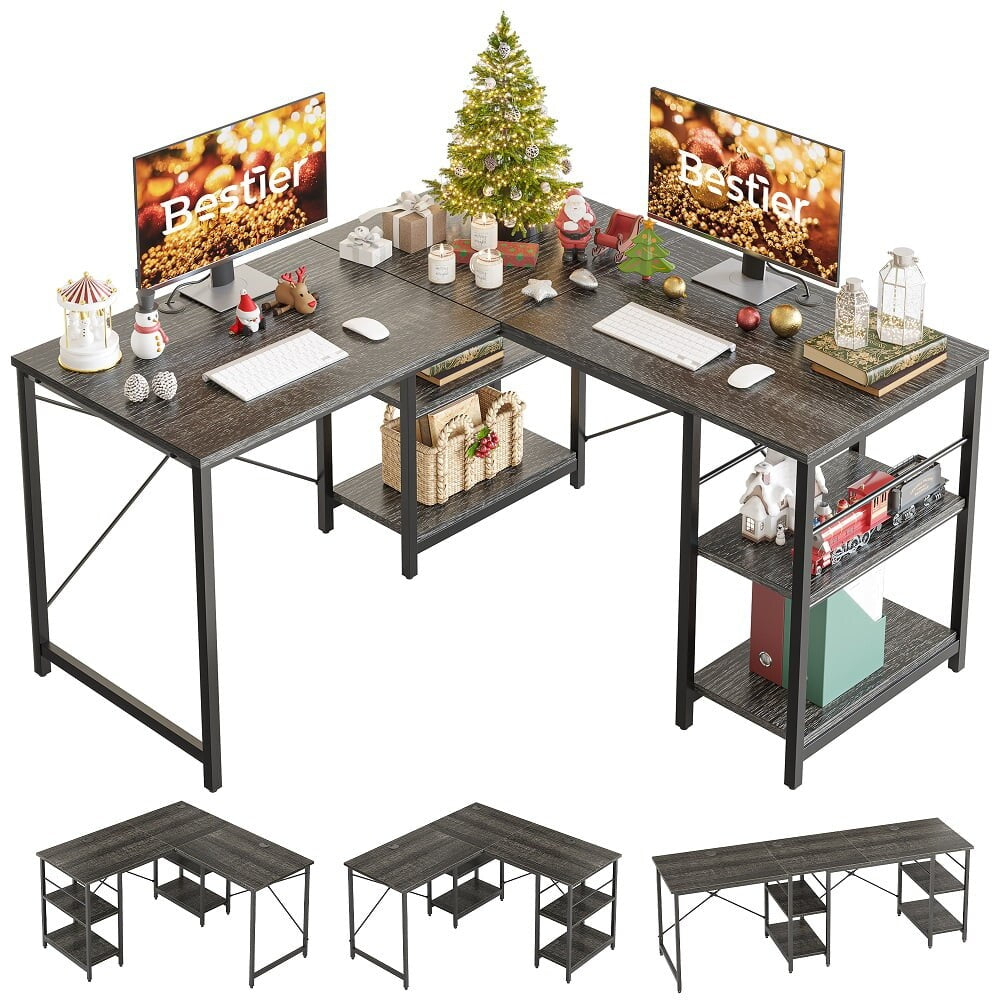 86.6 inch Reversible L Shaped Desk with Shelves Charcoal