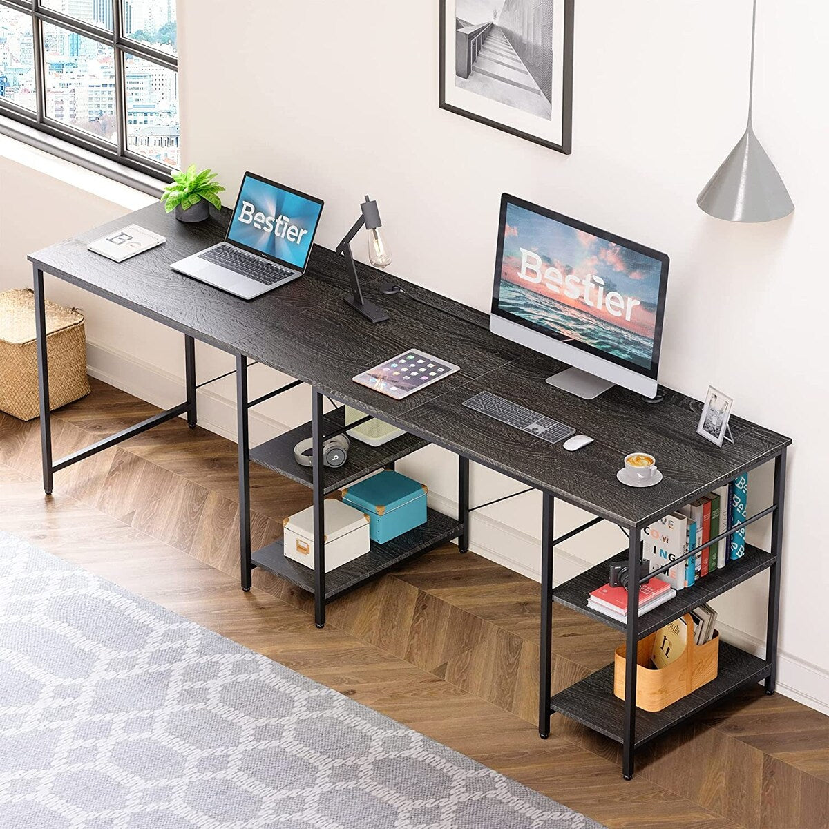 86.6 inch Reversible L Shaped Desk with Shelves Charcoal