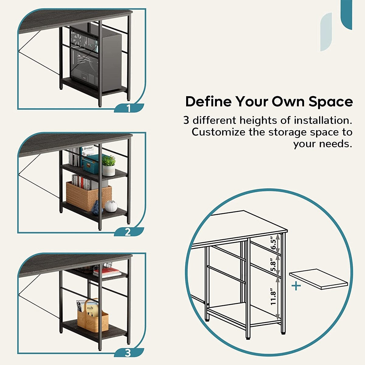 86.6 inch Reversible L Shaped Desk with Shelves Charcoal