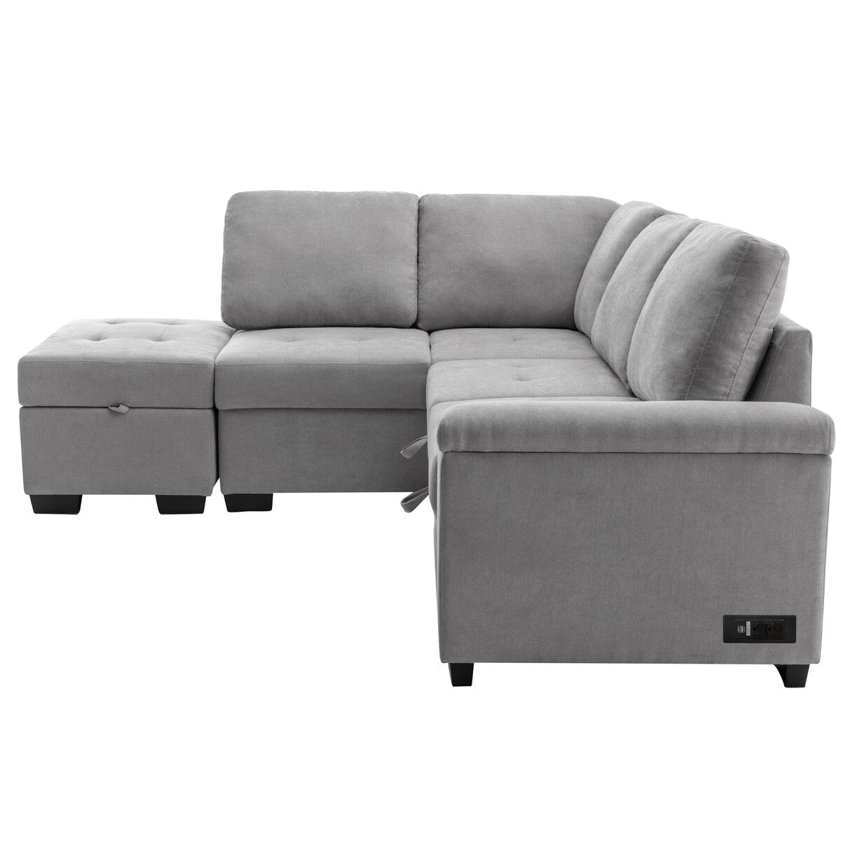 87.4-inch Black L-shaped Sleeper Sectional Sofa with Storage Ottoman, Hidden Arm Storage, and USB Charge