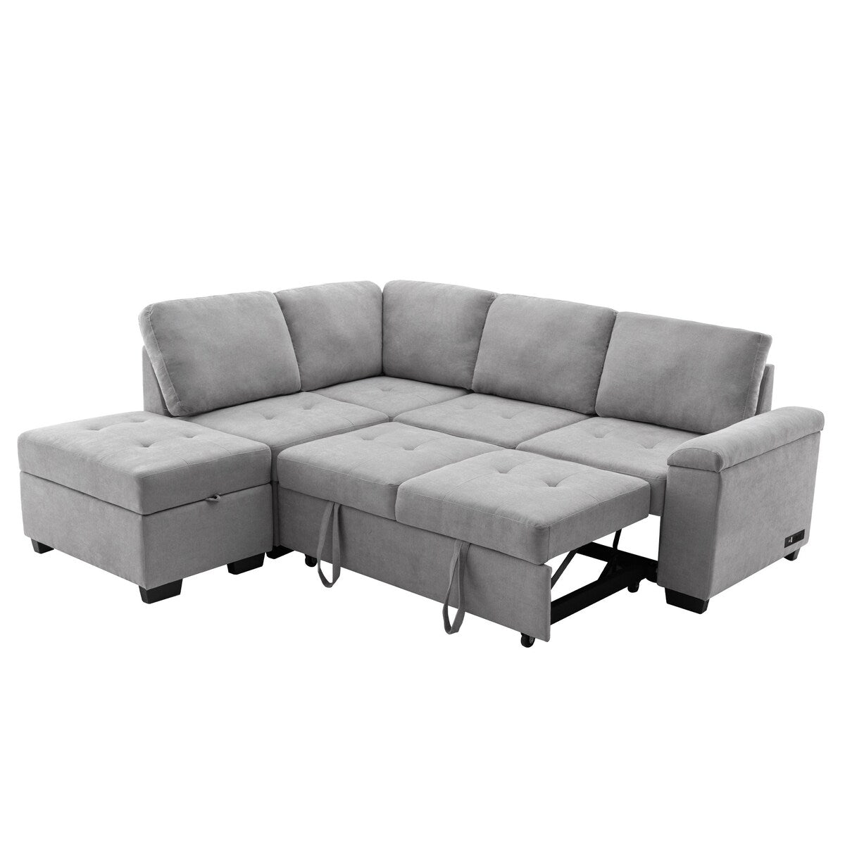 87.4-inch Black L-shaped Sleeper Sectional Sofa with Storage Ottoman, Hidden Arm Storage, and USB Charge