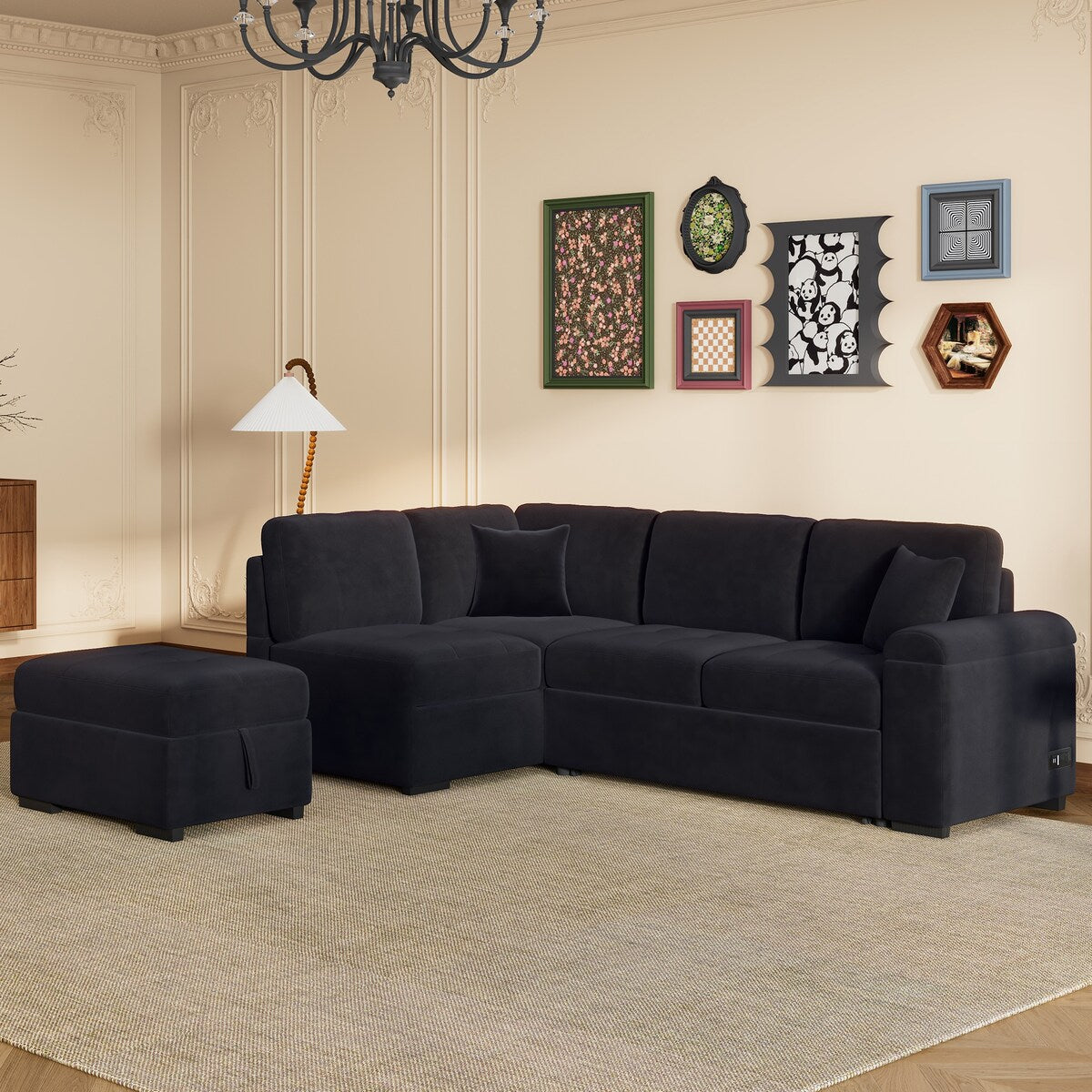 87.4-inch Black L-shaped Sleeper Sectional Sofa with Storage Ottoman, Hidden Arm Storage, and USB Charge