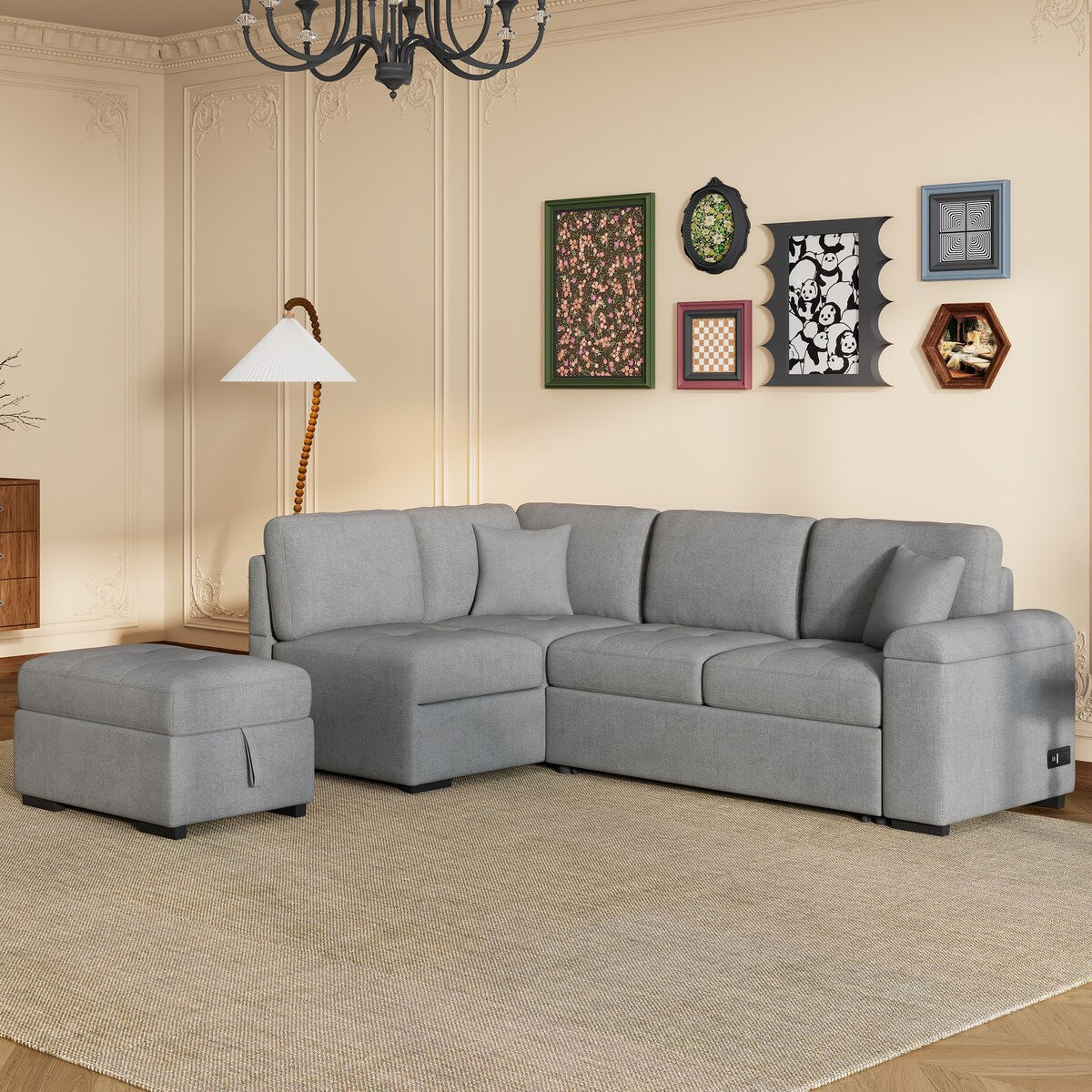 87.4-inch Black L-shaped Sleeper Sectional Sofa with Storage Ottoman, Hidden Arm Storage, and USB Charge