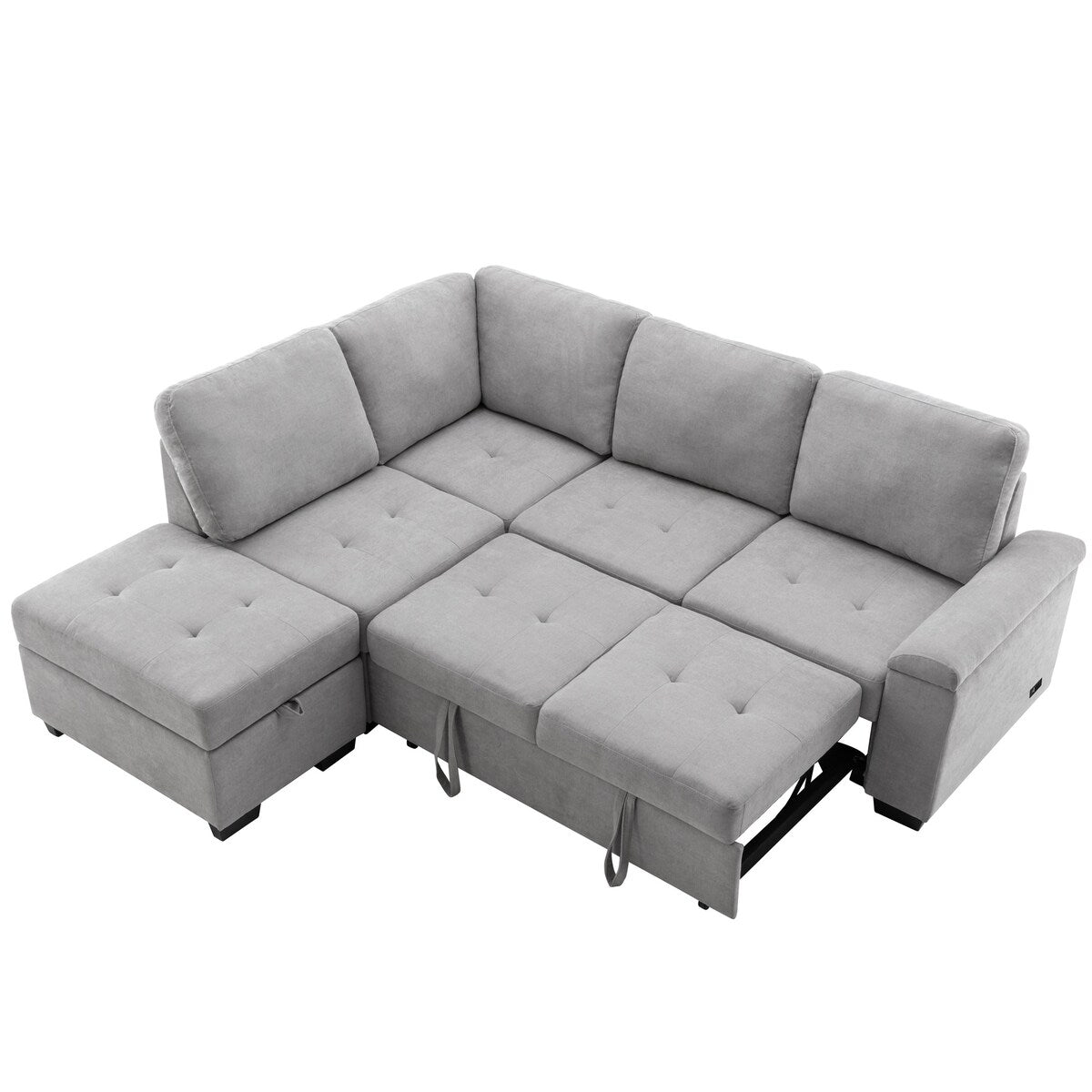 87.4-inch Black L-shaped Sleeper Sectional Sofa with Storage Ottoman, Hidden Arm Storage, and USB Charge