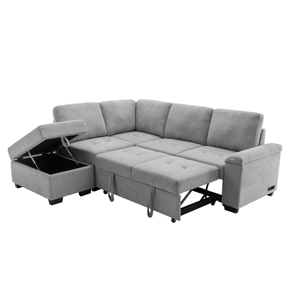 87.4-inch Black L-shaped Sleeper Sectional Sofa with Storage Ottoman, Hidden Arm Storage, and USB Charge